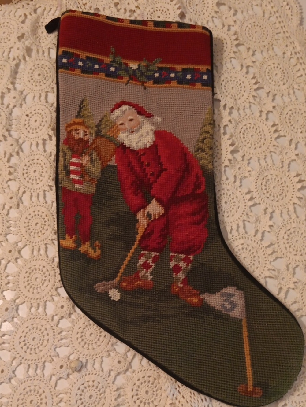 Vintage Needlepoint Golfing Santa Stocking.